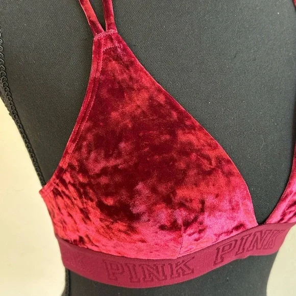 PINK Victoria's Secret Burgundy Red Crushed Velvet Unlined Bralette Sz S - Picture 2 of 6